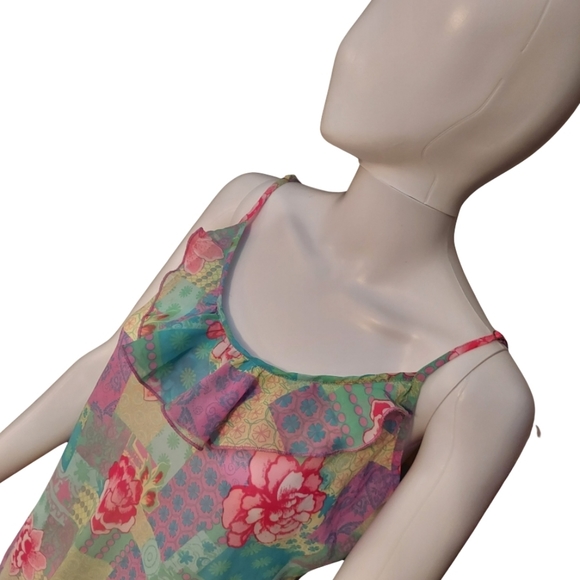 Vintage Y2K Natori Pastel Floral Patchwork Chiffon Ruffle Slip Dress - Picture 3 of 14